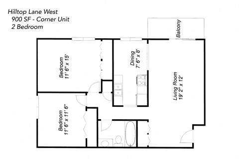 Floor plan for 2 beds, 1 bath, 900 sqft